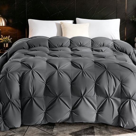 SONORO KATE Pinch Pleat Feather Down Comforter Queen Size, High Fill Power Soft Duvet Insert with Corner Tabs, All Season Bedding Comforter (90"x90", Dark Gray)