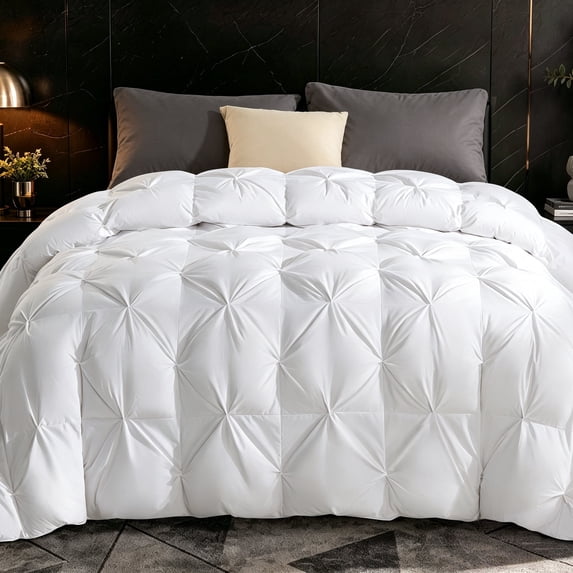 SONORO KATE Pinch Pleat Feather Down Comforter Queen Size, High Fill Power Soft Duvet Insert with Corner Tabs, All Season Bedding Comforter (90"x90", White)