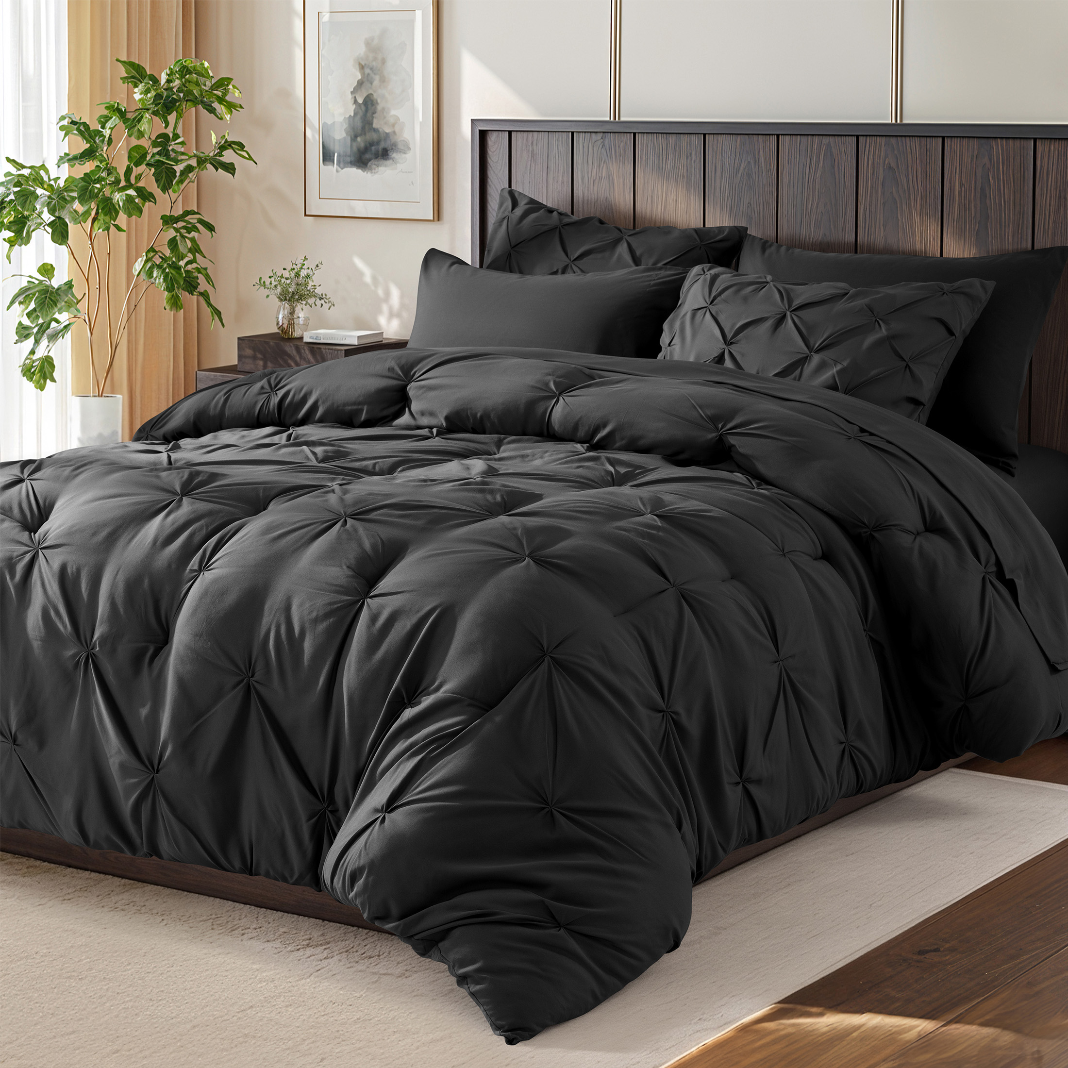 SONORO KATE Queen Comforter Set, 7 Pieces Bedding Sets for All Season, Bed in a Bag with Pleated Comforter - Flat Sheet & Fitted Sheet - Pillowcases & Shams, Black