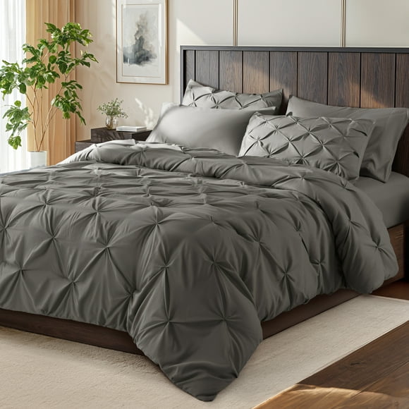 SONORO KATE Queen Comforter Set, 7 Pieces Bedding Sets for All Season, Bed in a Bag with Pleated Comforter - Flat Sheet & Fitted Sheet - Pillowcases & Shams, Gray