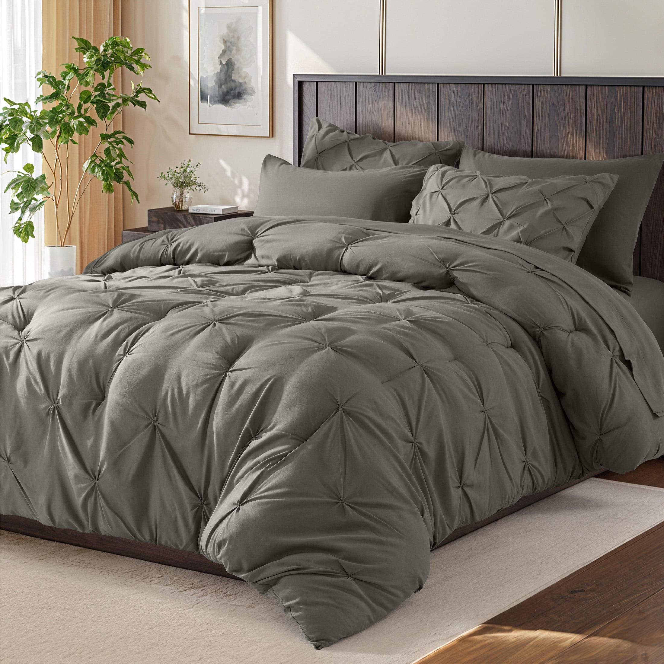 SONORO KATE Queen Comforter Set, 7 Pieces Bedding Sets for All Season, Bed in a Bag with Pleated Comforter - Flat Sheet & Fitted Sheet - Pillowcases & Shams, Gray