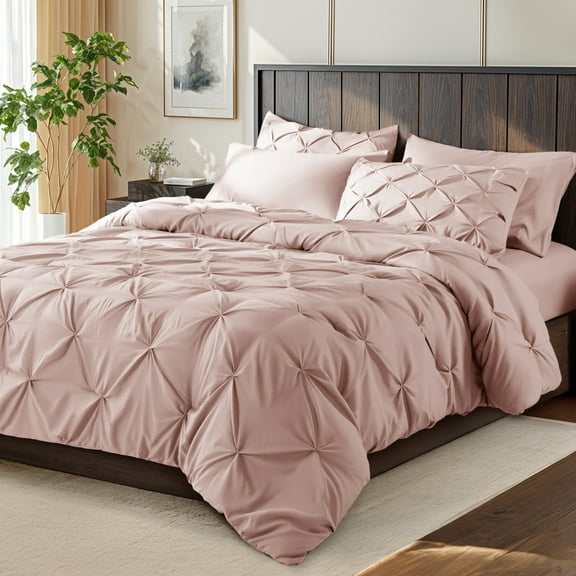 SONORO KATE Queen Comforter Set, 7 Pieces Bedding Sets for All Season, Bed in a Bag with Pleated Comforter - Flat Sheet & Fitted Sheet - Pillowcases & Shams, Light Pink