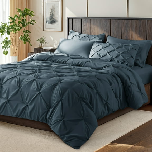 SONORO KATE Queen Comforter Set, 7 Pieces Bedding Sets for All Season, Bed in a Bag with Pleated Comforter - Flat Sheet & Fitted Sheet - Pillowcases & Shams, Navy Blue