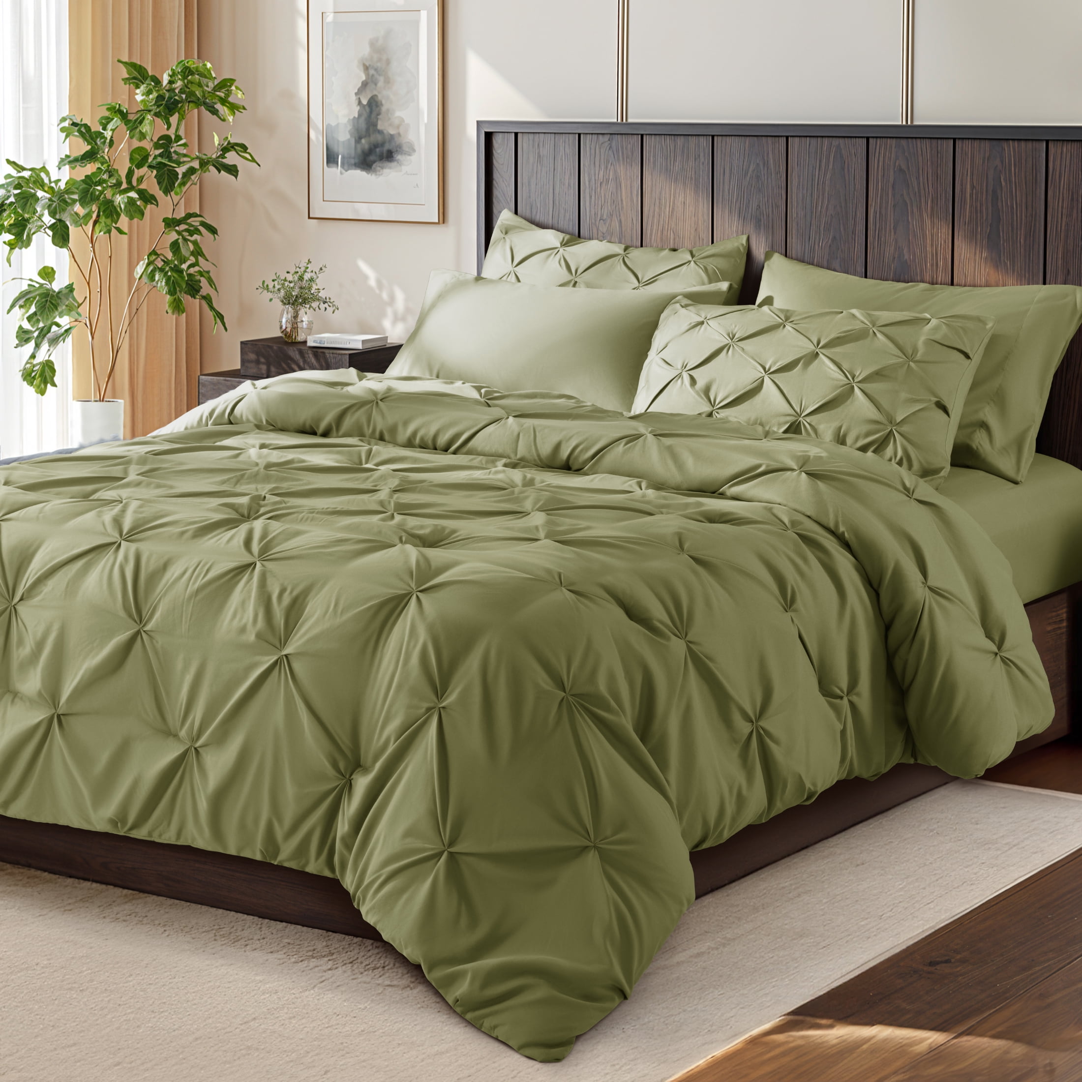 Sonoro Kate Queen Comforter Set, Sage Green, 7-Piece Bedding, Pleated ...