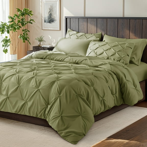 SONORO KATE Queen Comforter Set, 7 Pieces Bedding Sets for All Season, Bed in a Bag with Pleated Comforter - Flat Sheet & Fitted Sheet - Pillowcases & Shams, Sage Green