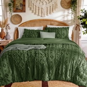 SONORO KATE Queen Tufted Boho Comforter Set - 3 Piece Farmhouse Chic Bed in a Bag, All-Season Jacquard Bedding Comforter with 2 Pillow Shams, Forest Green