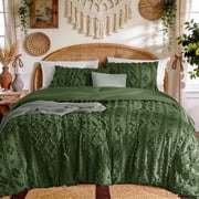 SONORO KATE Queen Tufted Boho Comforter Set - 3 Piece Farmhouse Chic Bed in a Bag, All-Season Jacquard Comforter with 2 Pillow Shams, Forest Green
