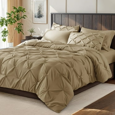 SONORO KATE Twin Comforter Set, 5 Pieces Bedding Sets for All Season, Bed in a Bag with Pleated Comforter - Flat Sheet & Fitted Sheet - Pillowcases & Shams, Beige