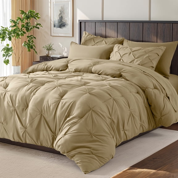 SONORO KATE Twin Comforter Set, 5 Pieces Bedding Sets for All Season, Bed in a Bag with Pleated Comforter - Flat Sheet & Fitted Sheet - Pillowcases & Shams, Beige