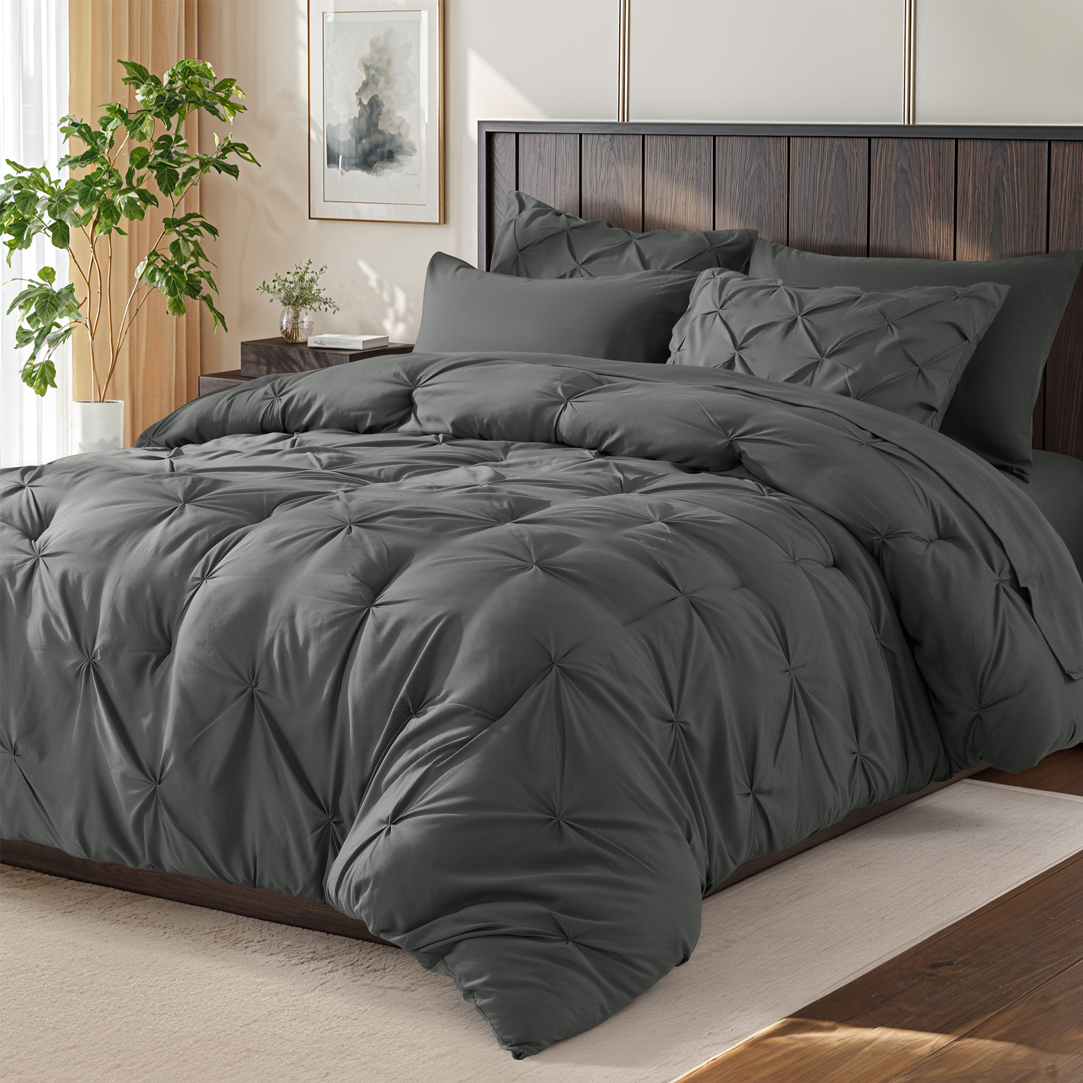 SONORO KATE Twin Comforter Set, 5 Pieces Bedding Sets for All Season, Bed in a Bag with Pleated Comforter - Flat Sheet & Fitted Sheet - Pillowcases & Shams, Dark Gray