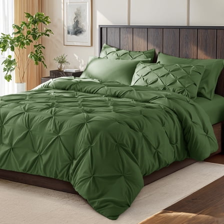 SONORO KATE Twin Comforter Set, 5 Pieces Bedding Sets for All Season, Bed in a Bag with Pleated Comforter - Flat Sheet & Fitted Sheet - Pillowcases & Shams, Olive Green