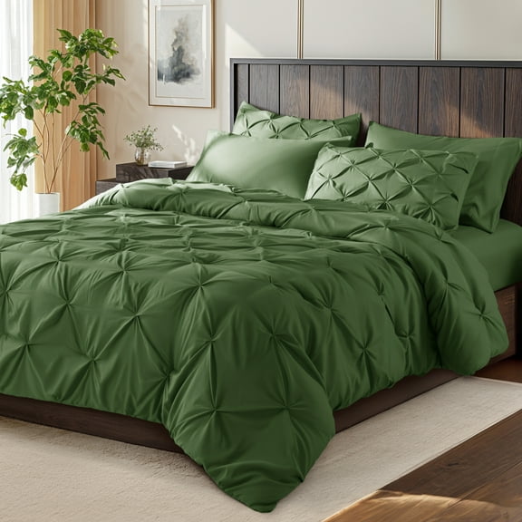 SONORO KATE Twin Comforter Set, 5 Pieces Bedding Sets for All Season, Bed in a Bag with Pleated Comforter - Flat Sheet & Fitted Sheet - Pillowcases & Shams, Olive Green