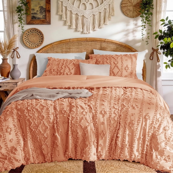 SONORO KATE Twin Tufted Boho Bedding Comforter Set - 2 Piece Farmhouse Chic Bed in a Bag, All-Season Jacquard Comforter with 2 Pillow Shams, Coral
