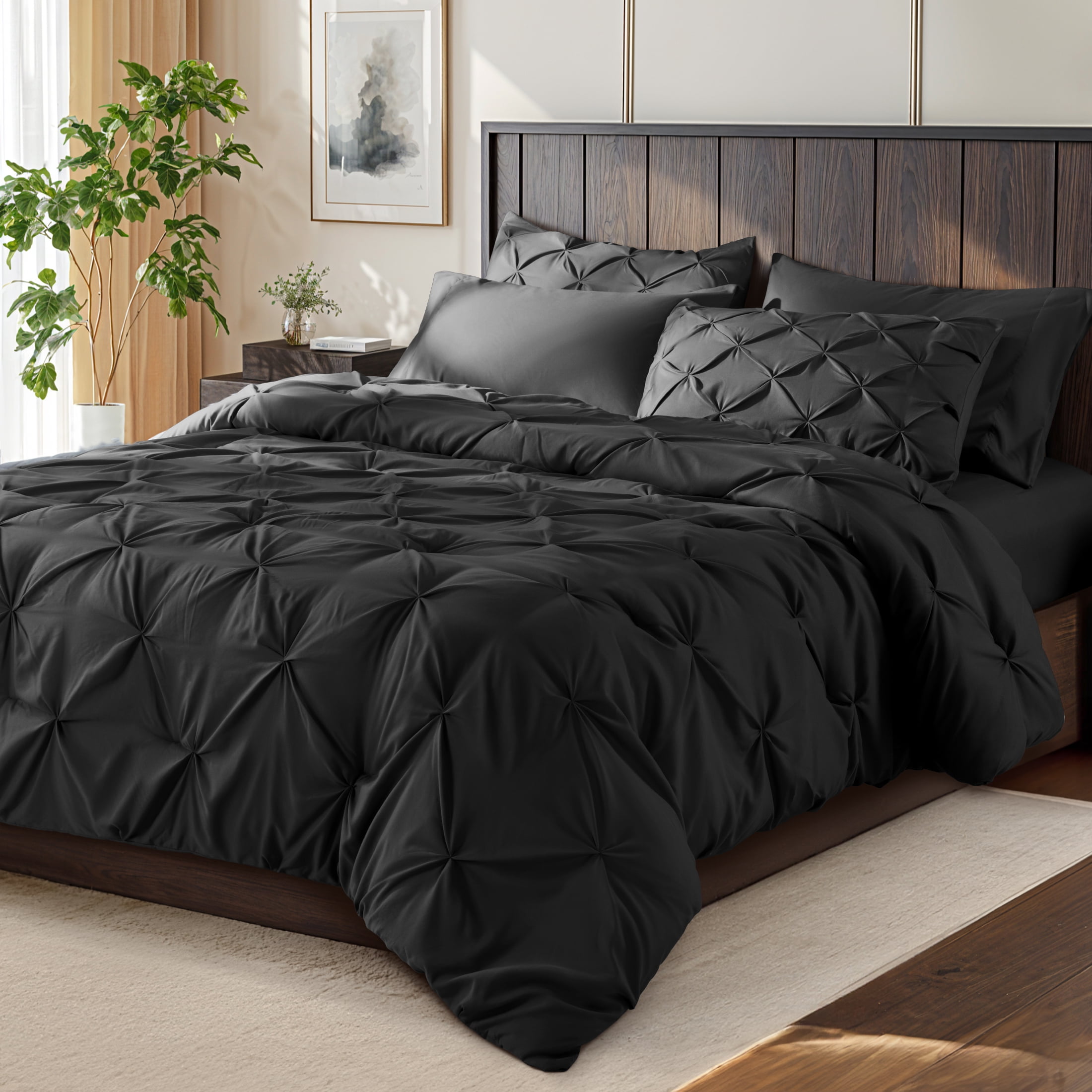 SONORO KATE Twin XL Comforter Set, 5 Pieces Bedding Sets for All Season, Bed in a Bag with Pleated Comforter - Flat Sheet & Fitted Sheet - Pillowcases & Shams, Black