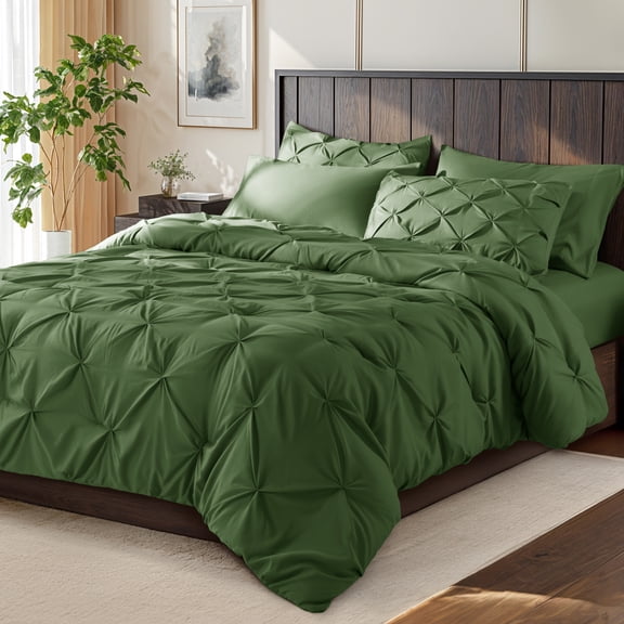 SONORO KATE Twin XL Comforter Set, 5 Pieces Bedding Sets for All Season, Bed in a Bag with Pleated Comforter - Flat Sheet & Fitted Sheet - Pillowcases & Shams, Olive Green