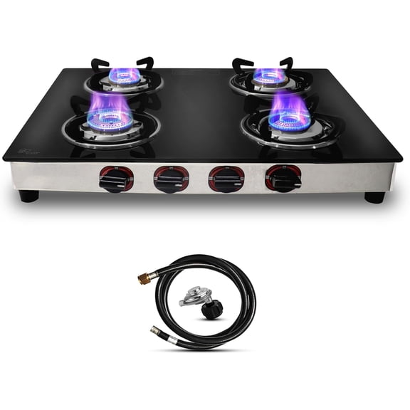 SONRET - 4 Burner Gas Stove , Portable Propane Gas Stove - Propane Cooktop Tempered Glass RV Stove For Cooking -With Hose & Regulator