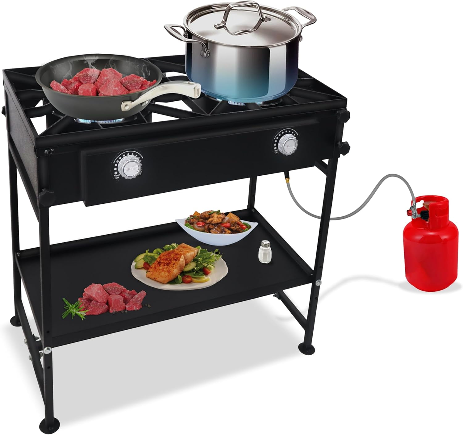 Black Steel Double Burner Gas Stove with Detachable Legs and Shelf