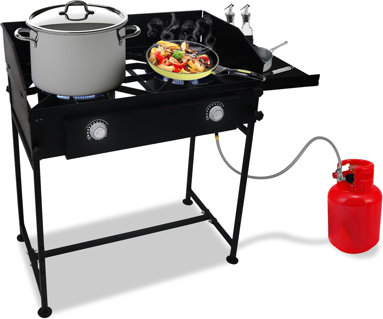SONRET - Double Burner Propane Outdoor Camping Stove - with Side Shelf & Wind Panel