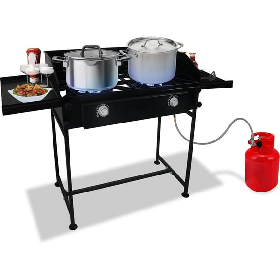 SONRET - Double Burner Propane Outdoor Gas Stove - with Dual Side Shelf & Wind Panel