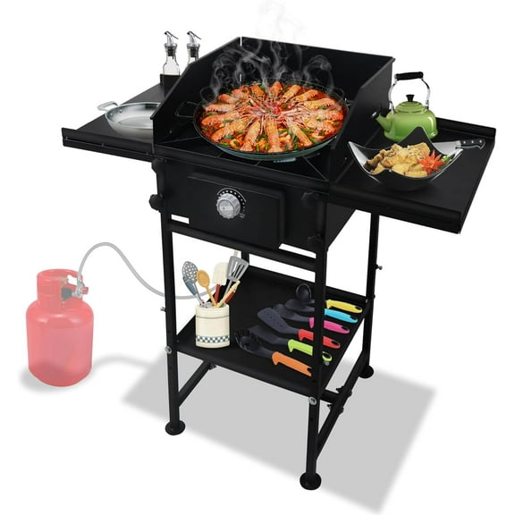 SONRET - Single Burner Propane Stove - with Dual Side & Bottom Shelf and Wind Panel