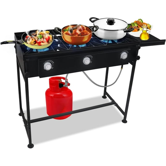 SONRET - Three Burner Propane Outdoor Camping Stove - 2,25,000 High BTU - with Side Shelf