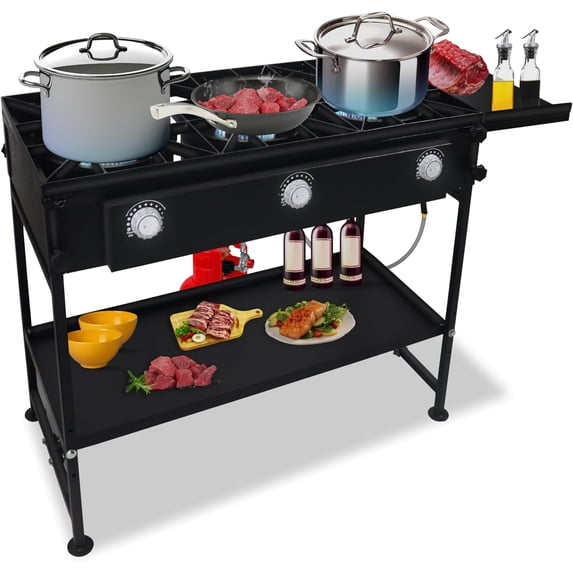 SONRET - Three Burner Propane Outdoor Camping Stove - with Side & Adjustable Bottom Shelf