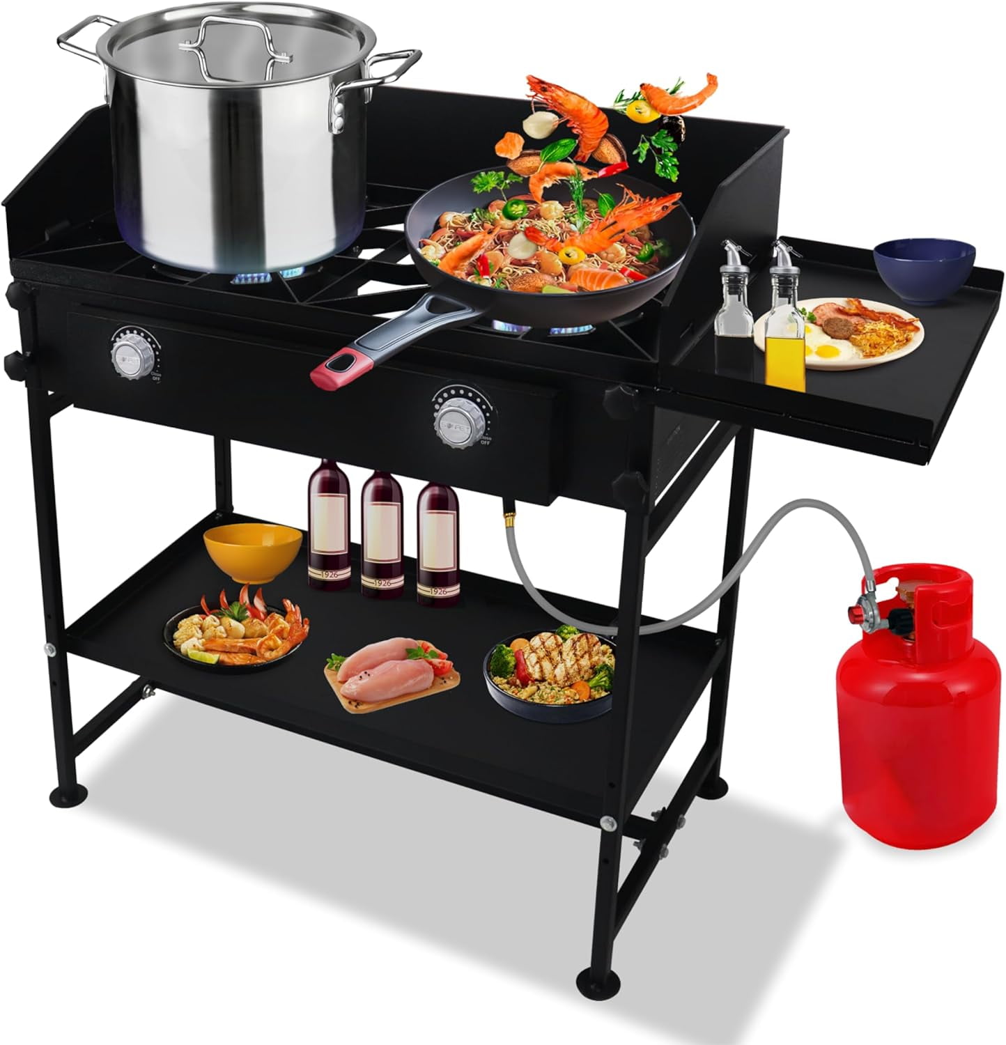 SONRET - Two Burner Propane Camping Gas Stove - with Side & Bottom Shelf and Wind Panel