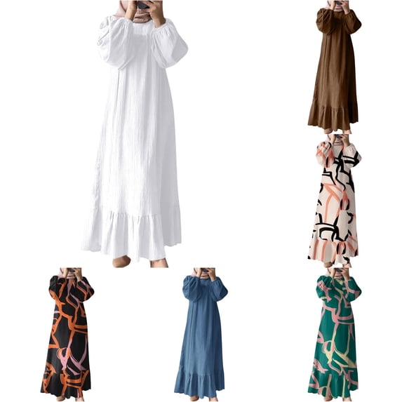 SONXAHE Abstract Print Maxi Dress For Women Bubble Long Sleeve Ruffle Hem Modest Daily Long Dress
