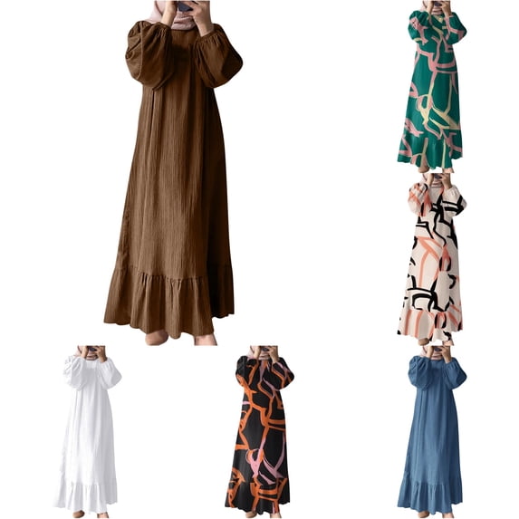 SONXAHE Abstract Print Maxi Dress For Women Bubble Long Sleeve Ruffle Hem Modest Daily Long Dress