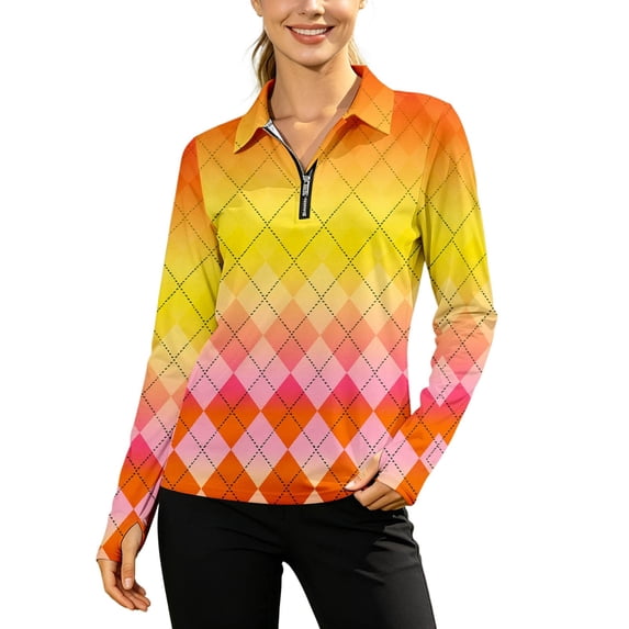 SONXAHE Argyle Quarter-Zip Long-Sleeve Polo Shirt for Women Athletic Golf Everyday Blouse