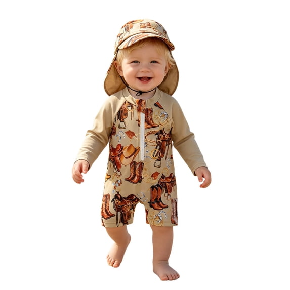 SONXAHE Baby UPF 50 One Piece Rash Guard Western Print Swimwear with Sun Hat For Kids