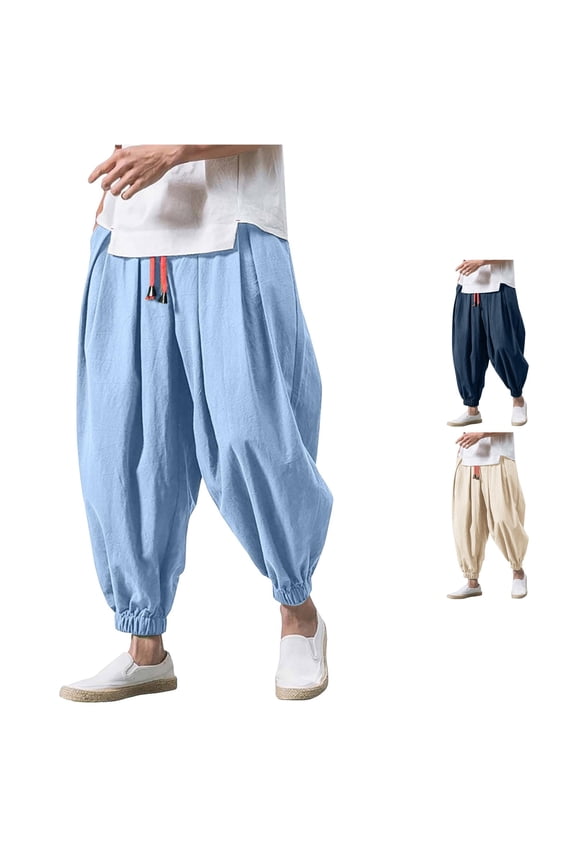 Baggy Harem Casual Pants for Men Side Pocket Drawstring Waist Tapered Casual Trousers