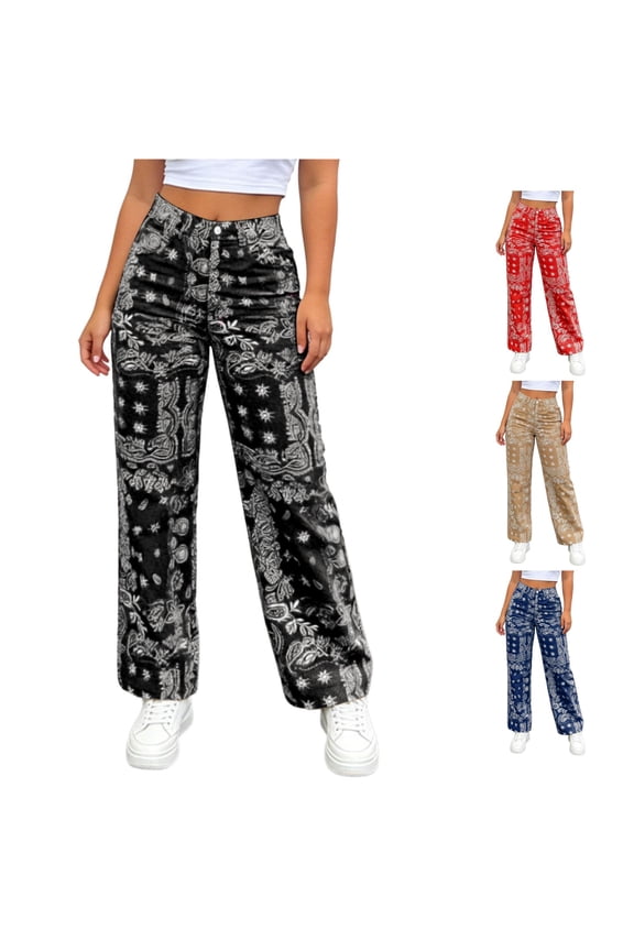 Bandana Print Wide Leg Jeans for Women Button Fly Straight Street Denim Trousers