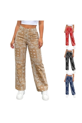 Bandana Print Wide Leg Jeans for Women Button Fly Straight Street Denim Trousers