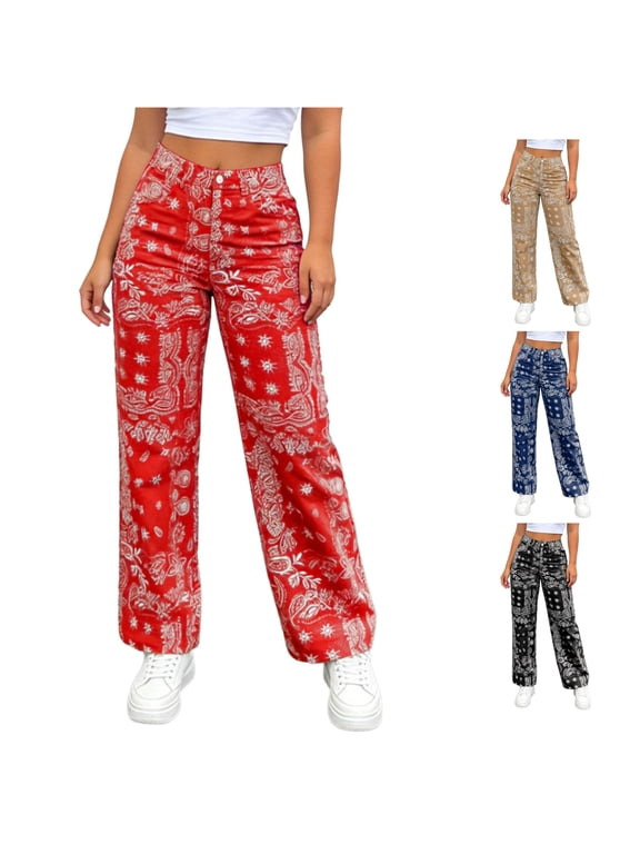 Bandana Print Wide Leg Jeans for Women Button Fly Straight Street Denim Trousers