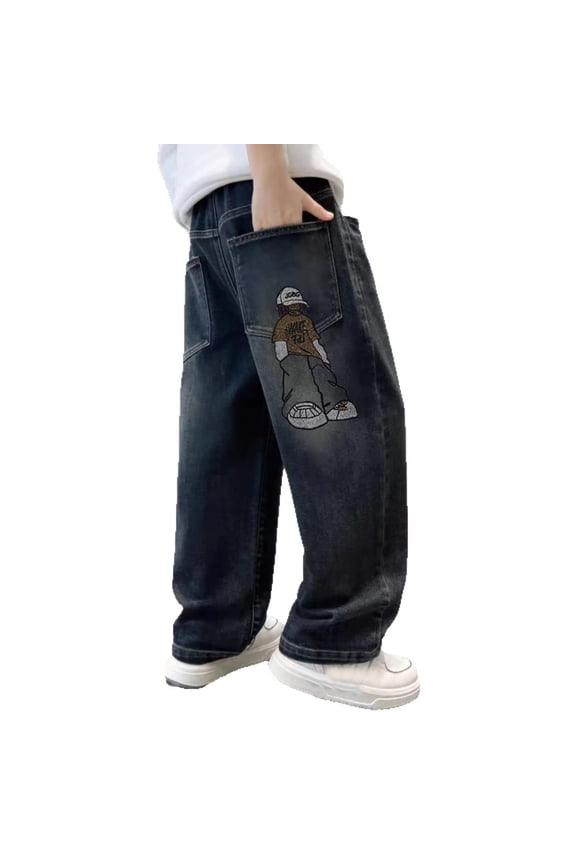 Big Boy's Cartoon Figure Embroidery Baggy Wide Leg Jeans Washed Denim Big Pockets Streetwear Long Trousers