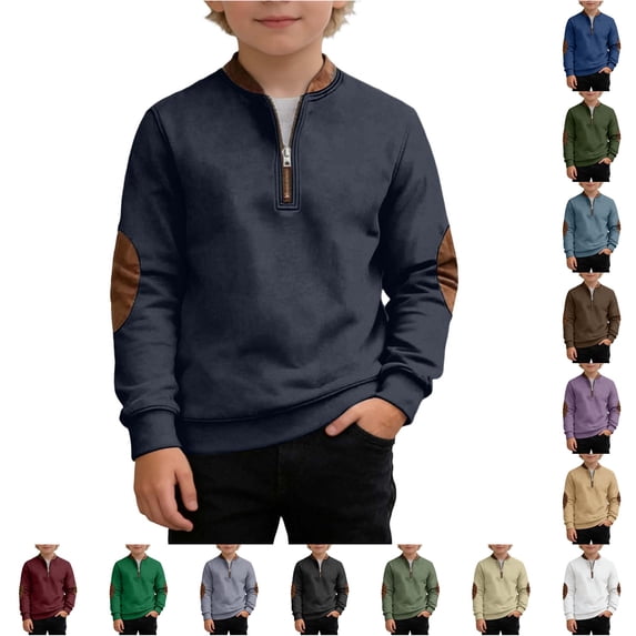 SONXAHE Big Boy's Leather Patch Sweatshirt Half Zip Long Sleeve Sweatshirts Daily Wear Pullover Top,Navy