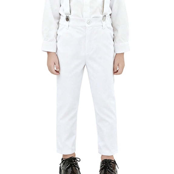 SONXAHE Big Boys Solid Color Formal Dress Pants with Removable Suspenders Straight Leg Kids Trousers,White