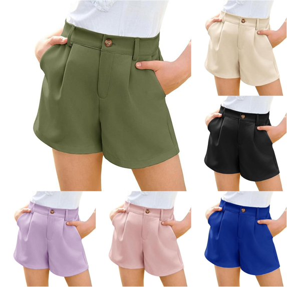SONXAHE Big Girl's Button‑Front Pleated Casual Shorts Solid High‑Waist Shorts School Bottoms