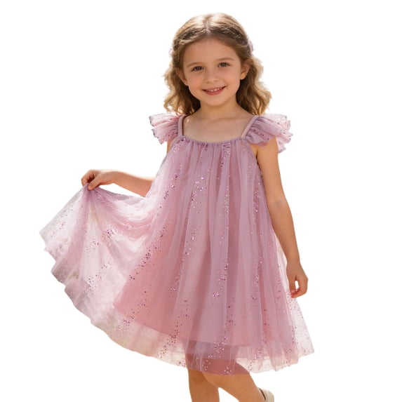 SONXAHE Big Girl's Dress Puff Short Sleeve Sequins Tulle A Line Dresses Summer Flowy Mesh Princess Dress Pink