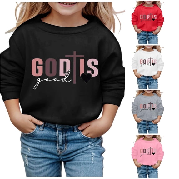 SONXAHE Big Girl's God Is Good Cross Heart Printed Crewneck Sweatshirt Long Sleeve Casual Pullover Faith Sweatshirt,Black