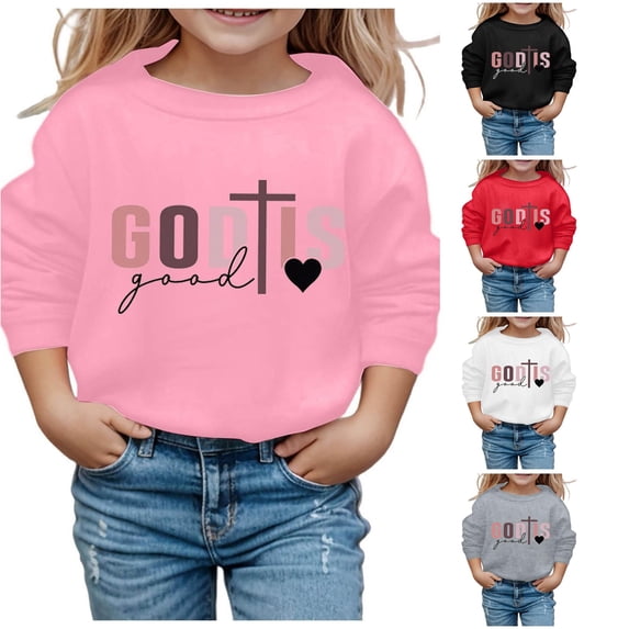 SONXAHE Big Girl's God Is Good Cross Heart Printed Crewneck Sweatshirt Long Sleeve Casual Pullover Faith Sweatshirt,Pink