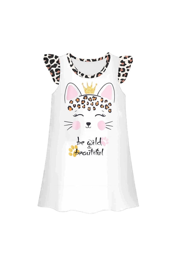 Big Girl's Leopard-Print Dress Ruffle Cap Sleeve Relaxed Loungewear Everyday Kids Dresses