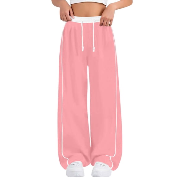 SONXAHE Big Girls Drawstring Pants Striped Loose Fit Casual Wide Leg Sports Sweatpants for Kids,Pink