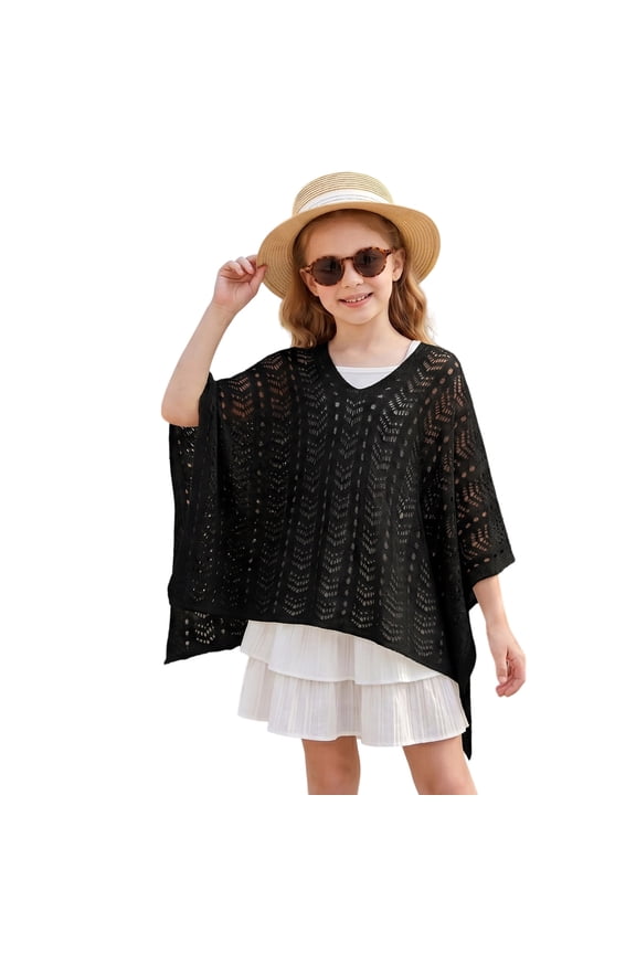 Big Girls Mesh Crochet Swim Cover Up Solid Lightweight Loose Fit Beach UPF 50+ Tunic Poolside Wraps