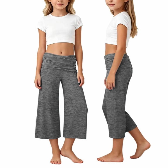 SONXAHE Big Girls Ruched Waist Solid Color Wide Leg Capri Pants Casual Soft Kids Cropped Trousers,Grey