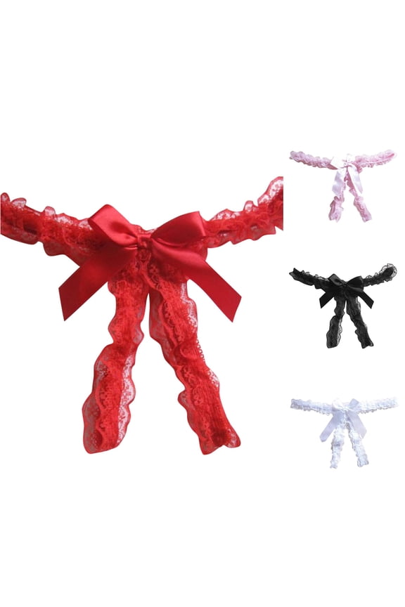 Bow Accent Lace Thong Underwear for women Ruffled Edge Trim Open Front Silhouette Holiday Party Daily Intimate Briefs