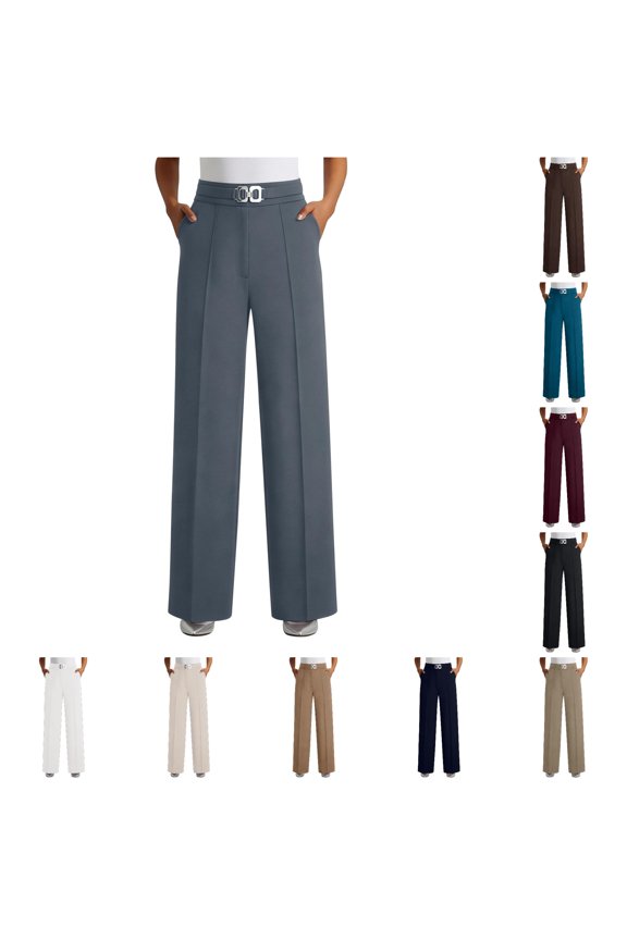 Buckle Waist Wide Leg Pants for Women Pleated Formal Office Long Trousers