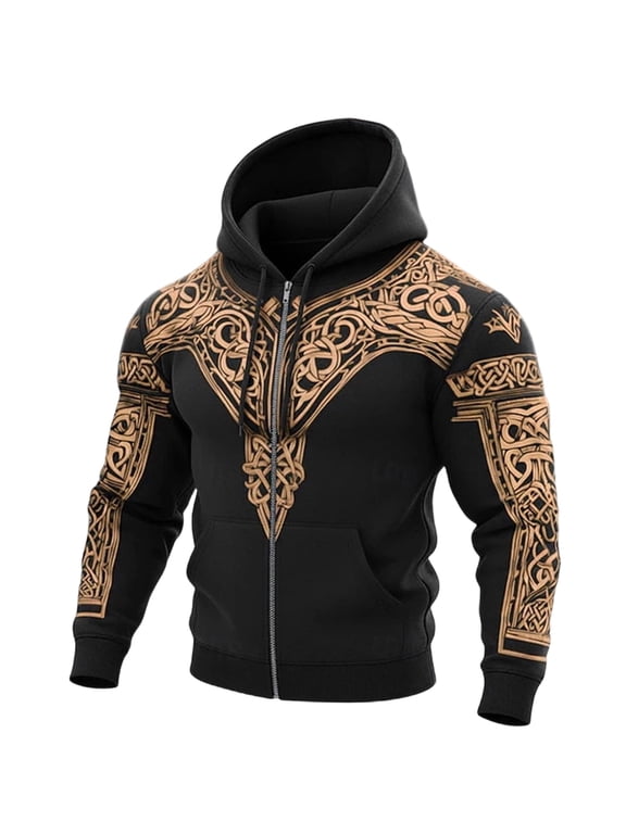 Celtic Knot Zip Up Hoodie for Men Viking Nordic Graphic Gothic Casual Zip Hoodie Jacket