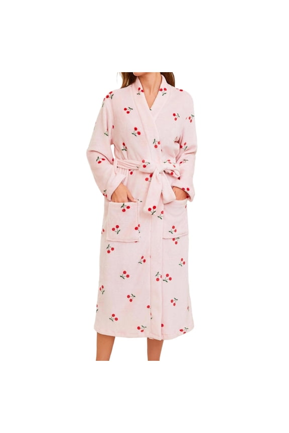 Cherry Print Fleece Robe For Women Side Pocket Self Tie Waist Full Length Night Gown